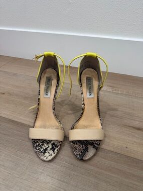 Steve Madden Snake-Print Open-Toe Heels with Yellow Ankle Strap